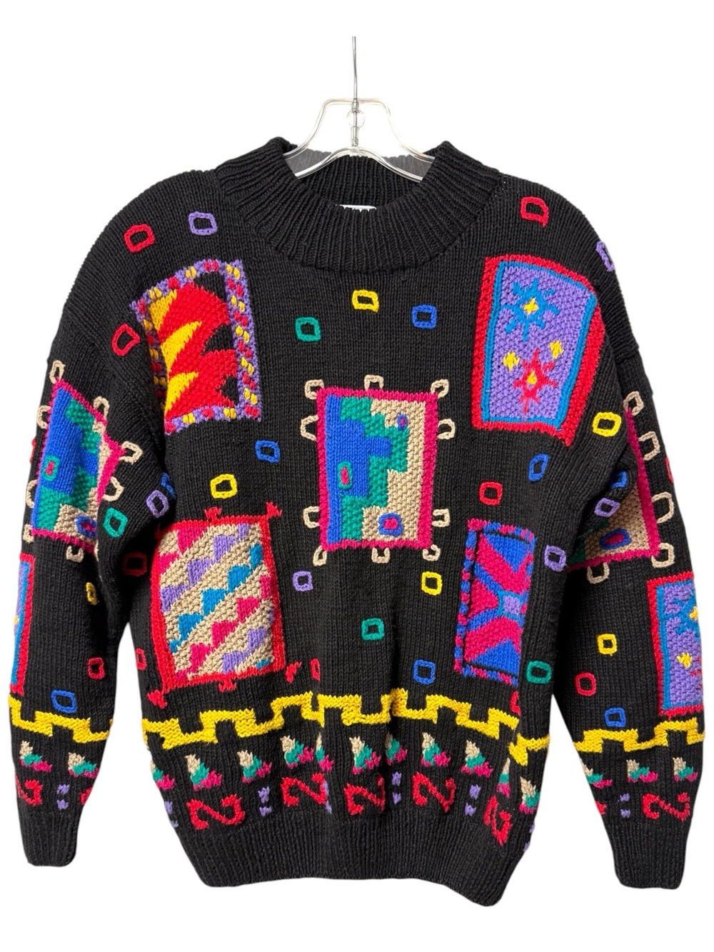 VTG Northern Isles Black Colorblock Patchwork Knit Sweater Sz L